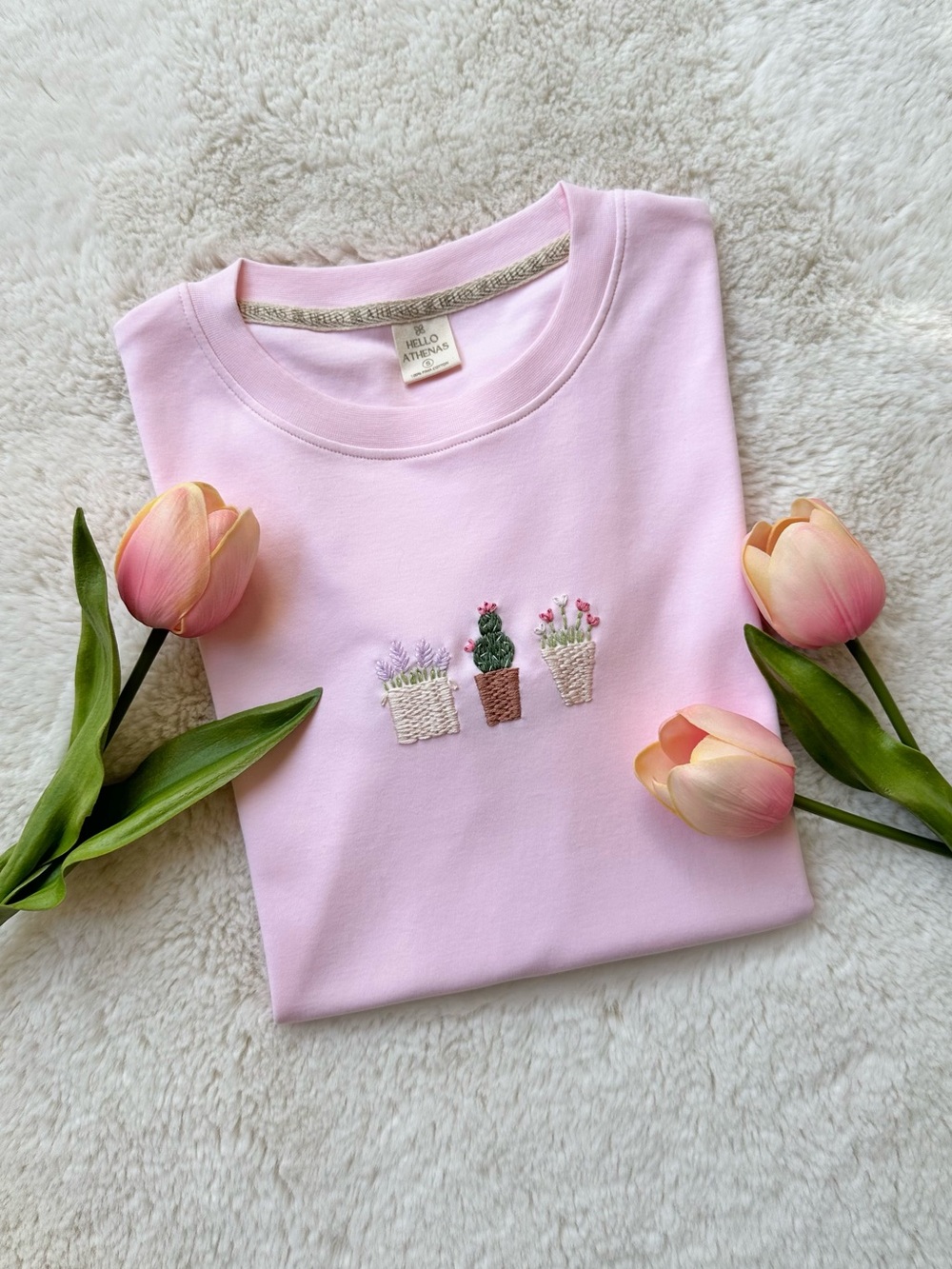 Hello Athenas Women’s Hand Embroidered Pima Cotton Tee Short Sleeve Baby Pink S